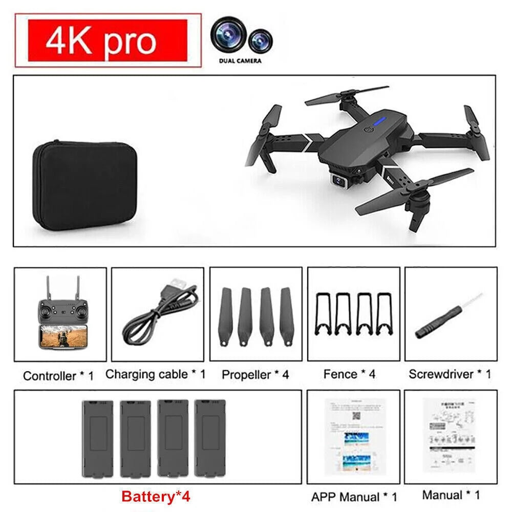 4K HD Dual Camera Foldable RC Drone with WiFi FPV and Four Batteries - Black