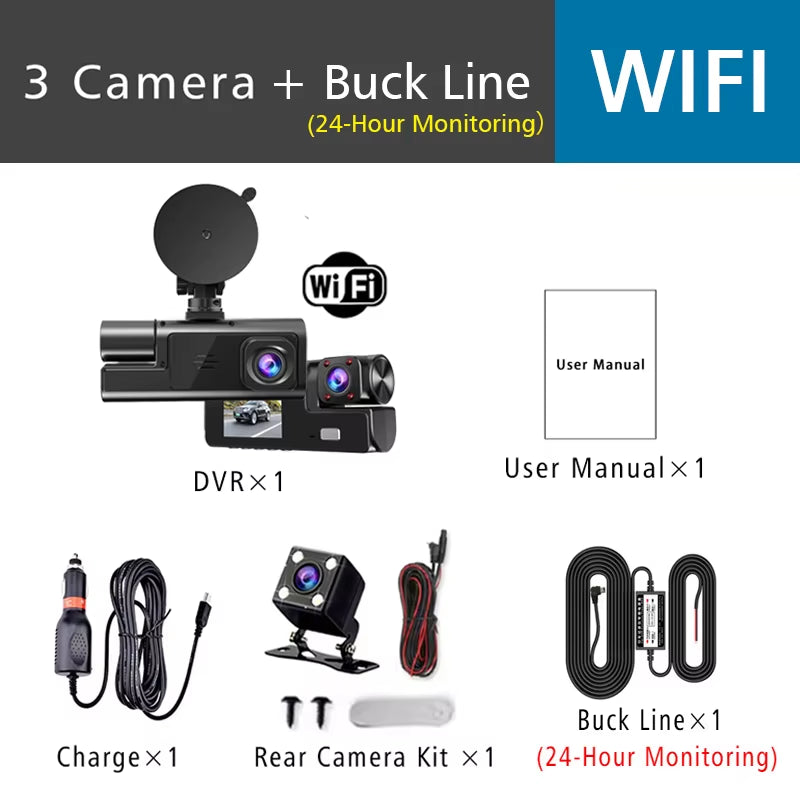 Triple Camera Car DVR with WiFi, 1920P Video Recording, In-Vehicle Dash Cam, Mini Camcorder