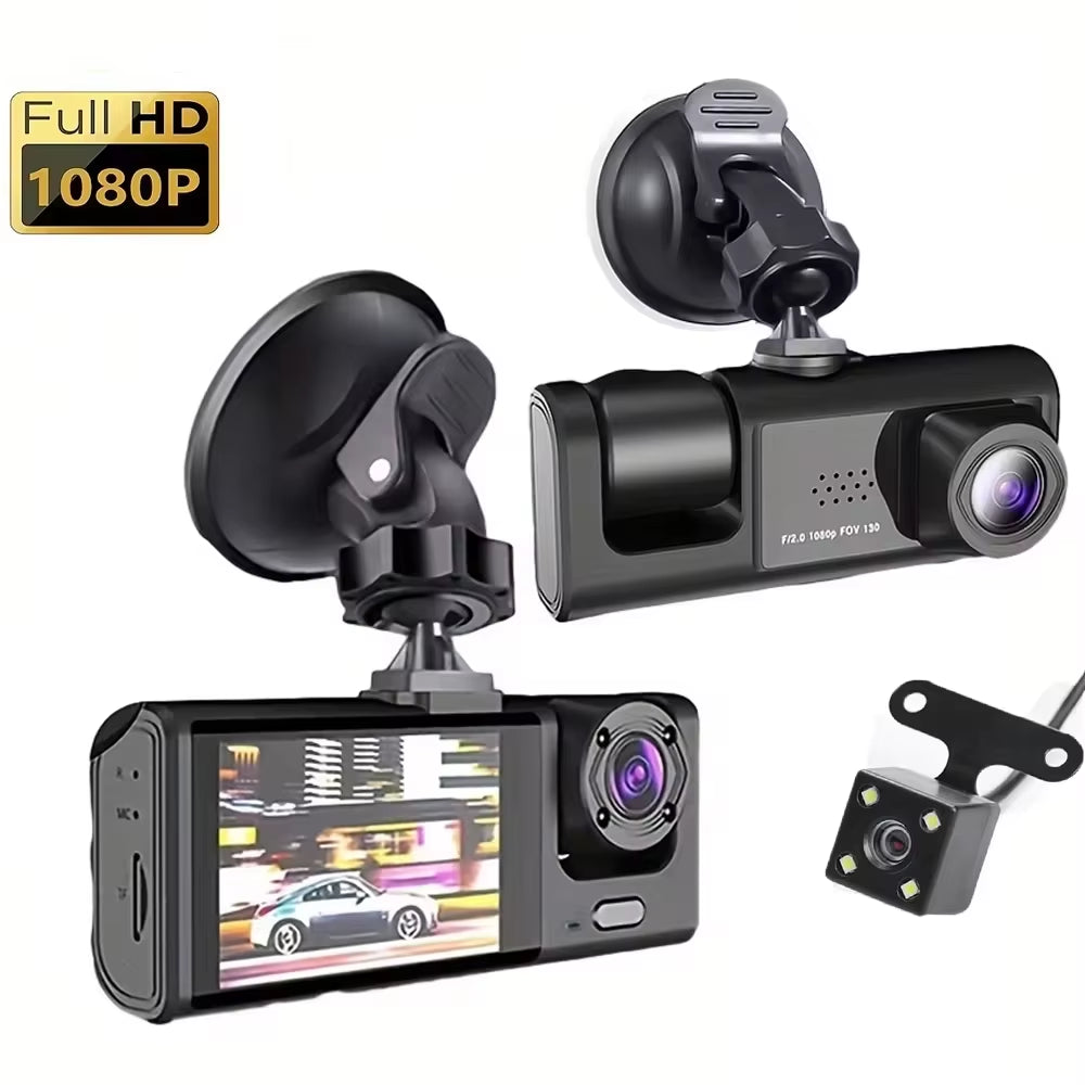 Dash Cam with Infrared Night Vision, Loop Recording, 2" IPS Screen, 1080P Triple Camera DVR Video Recorder