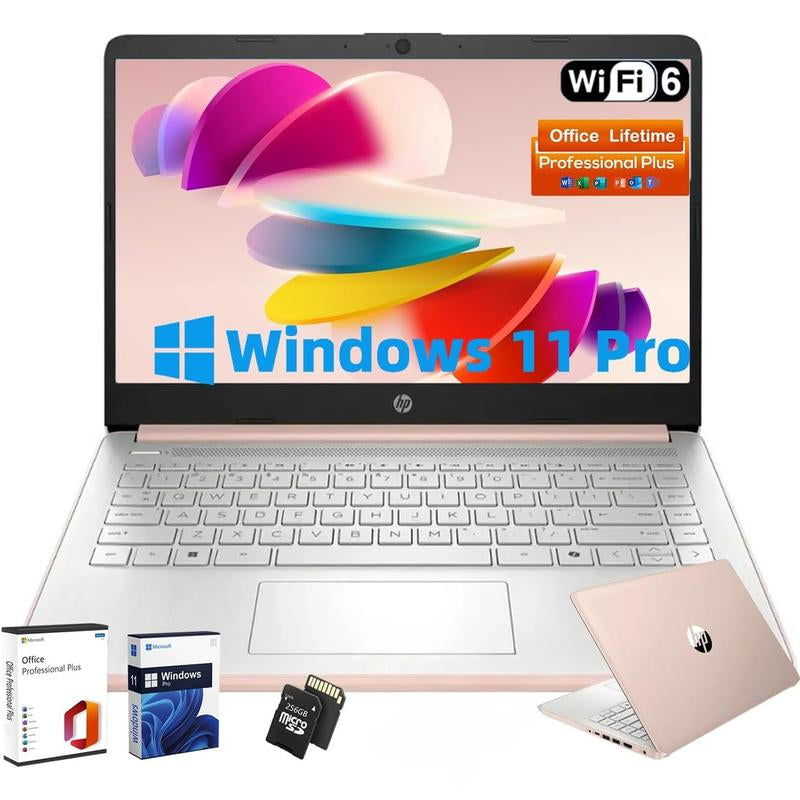 HP 14" Laptop Student Business Computer - 2025 New Version, Intel N150 Processor, Windows 11 Pro, Copilot AI, 12Hr Battery, up to 16GB RAM 384GB Storage (128GB UFS+256GB MSD) ,Rose Gold,W/Accessories