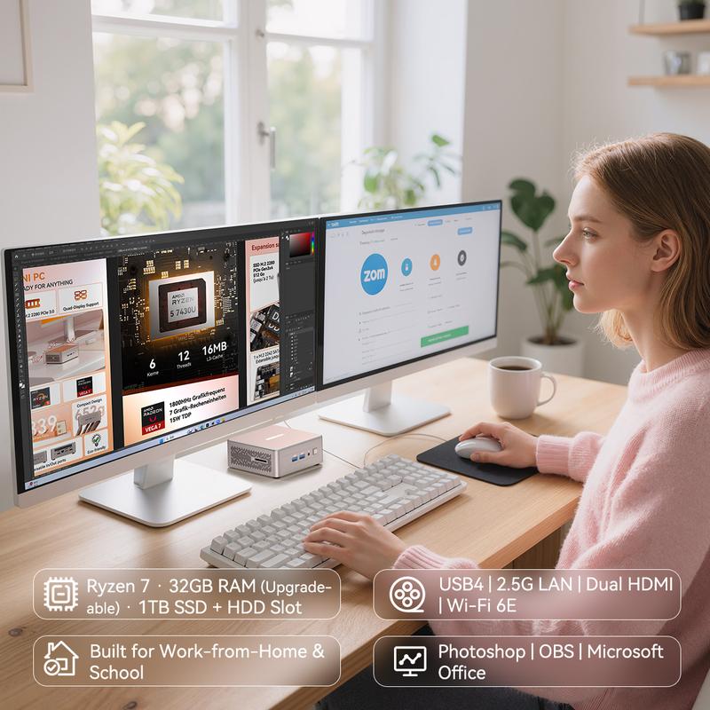 GEEKOM A5 2025 Edition Mini PC AMD Ryzen 5 7430U 16GB RAM 512GB & 1TB SSD Windows 11 Pro Pre-Installed 3-Year Warranty Wifi 6 Bluetooth USB 3.2 2 HDMI 2 USB-C HDD Slot Manual Upgrade Required 4K Display Home Office Computer