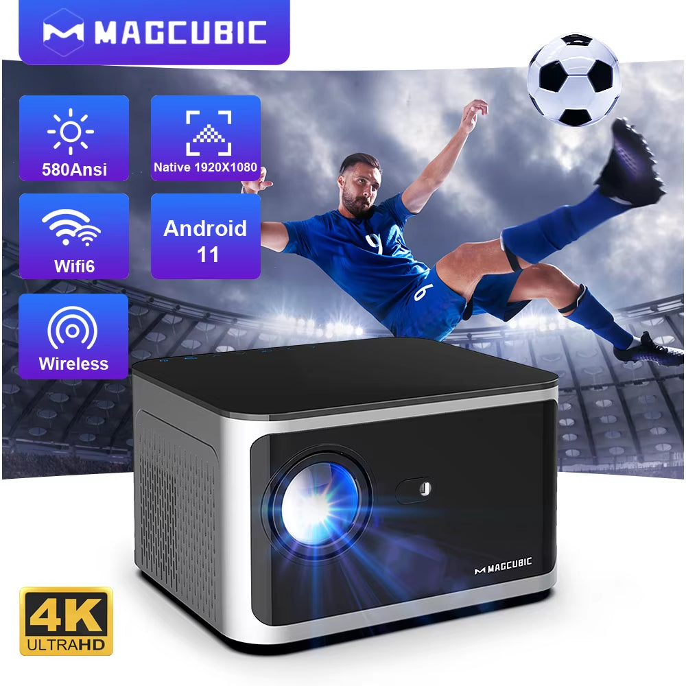 4K Smart Projector with Android 11, 580 ANSI Lumens, 1920x1080P Full HD, WiFi 6, Bluetooth 5.0, Allwinner H713, Voice Control for Home Cinema Theater