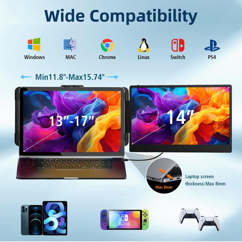 AOKER 14“ Dual Laptop Screen Extender FHD IPS 1080P High Resolution Portable Travel Monitor Compatible with Windows Mac Phone PS5