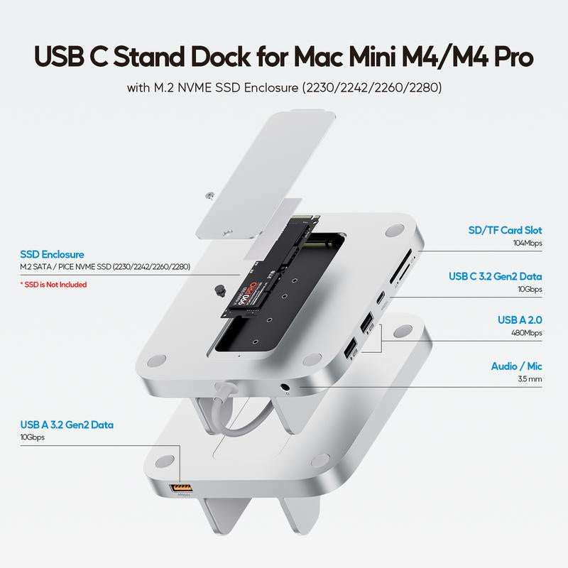 PULWTOP 8-In-1 Vertical USB-C Hub for Mac Mini M4 Hub with M.2 SSD Enclosure, Aluminum Mac Mini M4 Pro 2024 Dock Stand Accessories with USB A/C 3.2 10Gbps, 2 X USB a 2.0, 3.5Mm Audio Mic, SD/TF Slots Connectivity Work