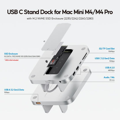 PULWTOP 8-In-1 Vertical USB-C Hub for Mac Mini M4 Hub with M.2 SSD Enclosure, Aluminum Mac Mini M4 Pro 2024 Dock Stand Accessories with USB A/C 3.2 10Gbps, 2 X USB a 2.0, 3.5Mm Audio Mic, SD/TF Slots Connectivity Work