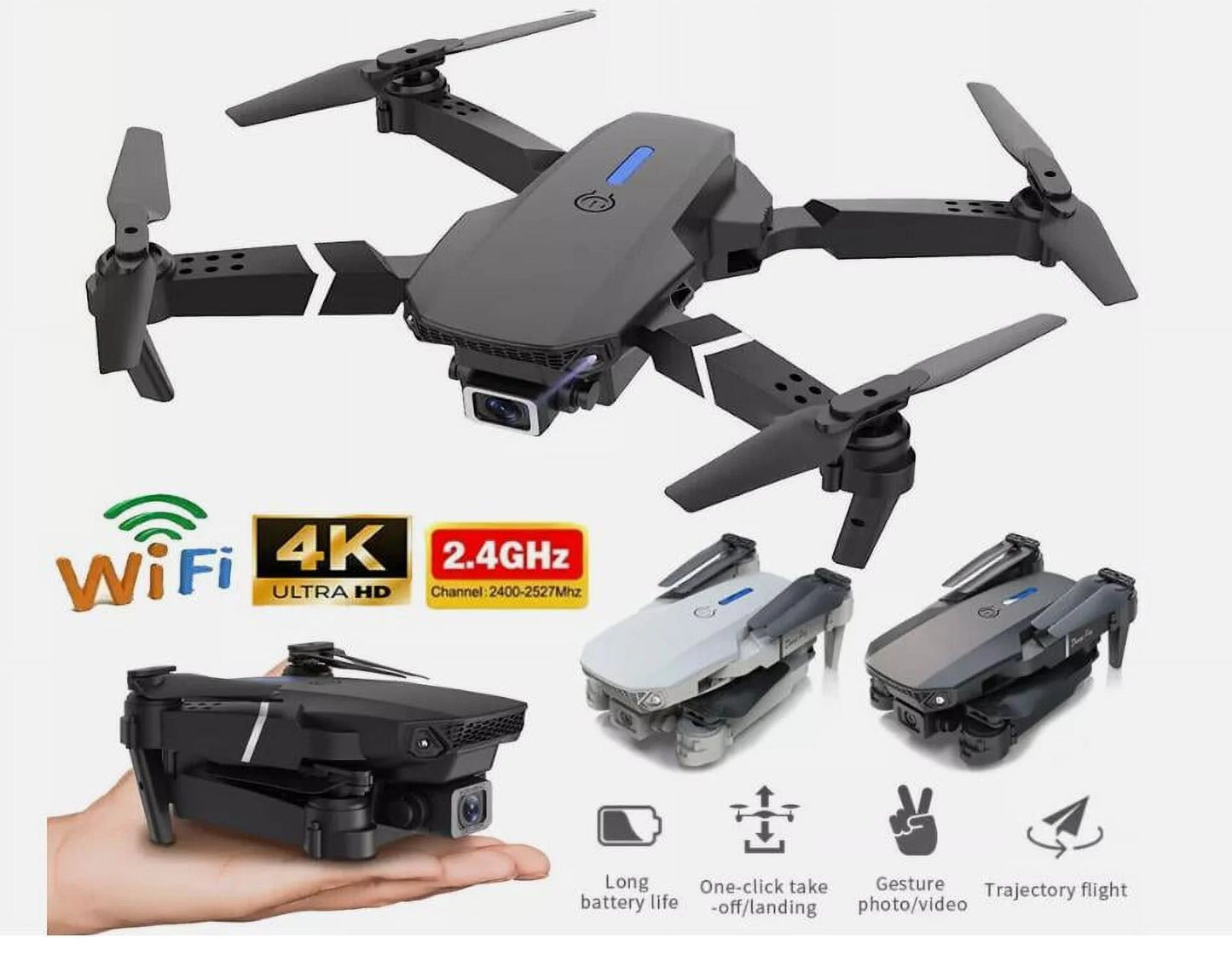 4K HD Dual Camera Foldable RC Drone with WiFi FPV and Four Batteries - Black