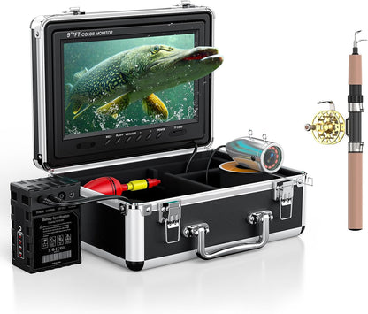 Underwater Fishing Camera Portable Video Fish Finder 9 Inch LCD Monitor 1000TVL Waterproof Camera Underwater DVR Video Fish Cam 50M Cable 12Pcs IR Infrared Lights for Ice, Lake and Boat Fishing