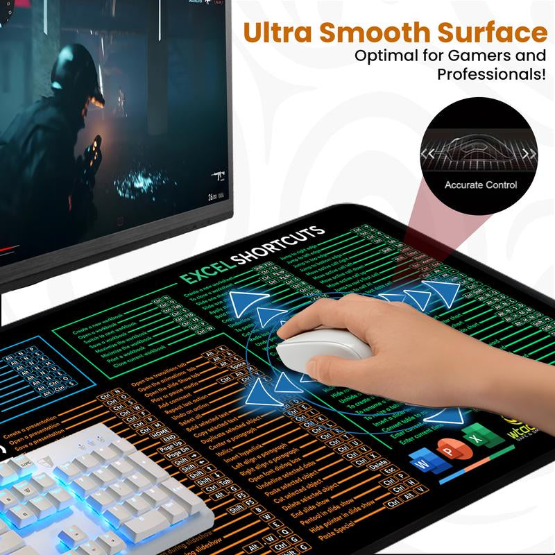 Word/Ppt/Excel Shortcuts Mouse Pad - Extended XL Office Keyboard Mat, Stitched Edges | Non-Slip Base Excel Cheat Sheet Desk Pad (31.5X11.8) Inch