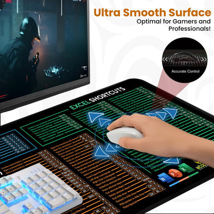 Word/Ppt/Excel Shortcuts Mouse Pad - Extended XL Office Keyboard Mat, Stitched Edges | Non-Slip Base Excel Cheat Sheet Desk Pad (31.5X11.8) Inch