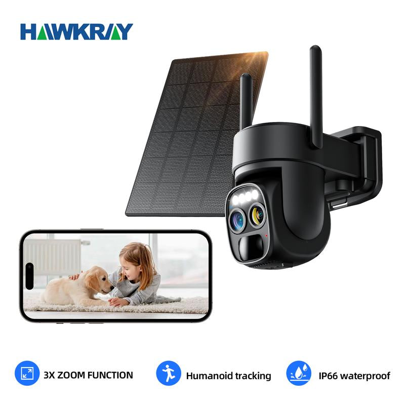 Hawkray Wireless Solar Wi-Fi Security Camera, 10X Zoom, 2K HD Clear Picture, PIR Motion Detection, Color Night Vision, Waterproof Black Security Camera, Home Security Cctv Lens