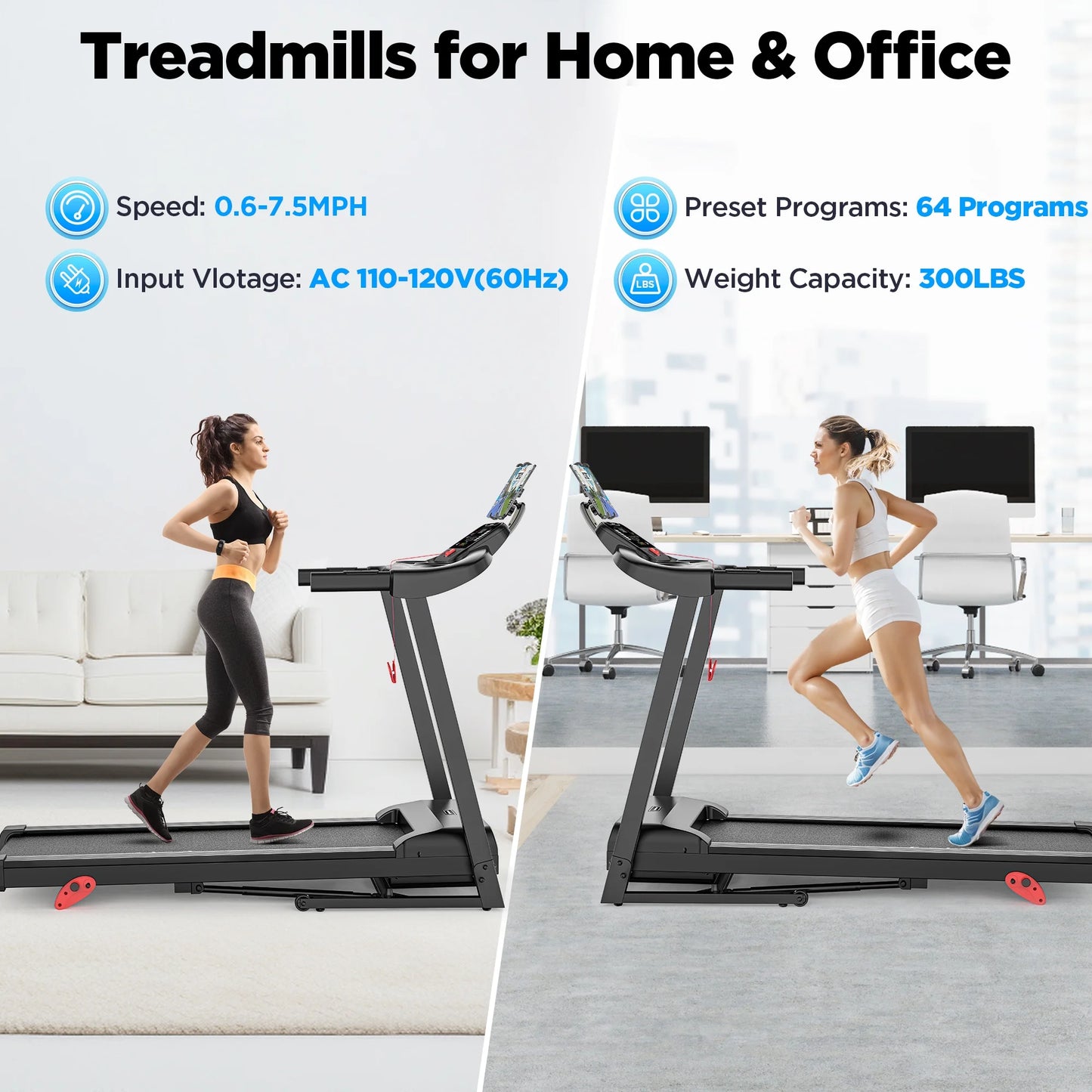 Folding Treadmill with Incline – 300 Lbs Capacity, Compact Electric Running Machine for Home, 3.25HP Quiet Motor, 0.6-7.5 MPH, APP Control, Adjustable Ipad Holder