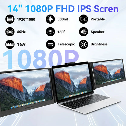 14-Inch Triple Dual FHD 1080P IPS Portable Monitor for 13.3-17.3 Inch Laptops - Compatible with Windows, MacBook, Chrome, and Android