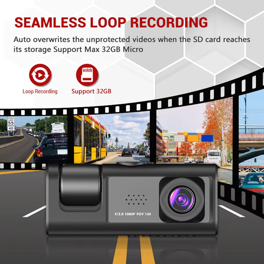 Dash Cam with Infrared Night Vision, Loop Recording, 2" IPS Screen, 1080P Triple Camera DVR Video Recorder