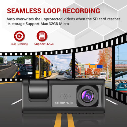 Dash Cam with Infrared Night Vision, Loop Recording, 2" IPS Screen, 1080P Triple Camera DVR Video Recorder