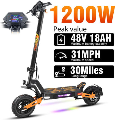 11-Inch Adult Electric Scooter, 1200W Brushless Motor, 48V 18AH, Vacuum Tires, Front and Rear Disc Brakes + Shock Absorbers, Foldable, with Cool LED Ambient Light and Display