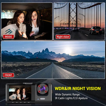 Dash Cam with Infrared Night Vision, Loop Recording, 2" IPS Screen, 1080P Triple Camera DVR Video Recorder