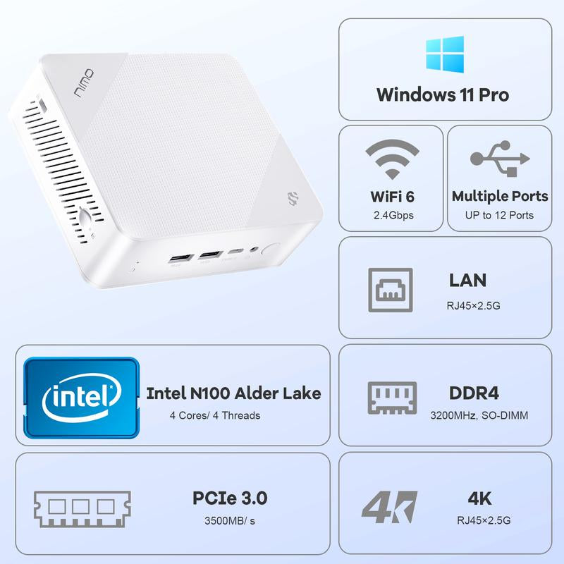 Nimo Mini PC Windows 11 Pro Intel 12Th Alder Lake N100 Quad-Core Processor (Up to 3.4Ghz) 8GB/16GB DDR4 128GB/256GB/512GB/1TB SSD 4K HD/USB 3.2/Wifi 6/BT 5.2/VESA/MINI PC for Home and School