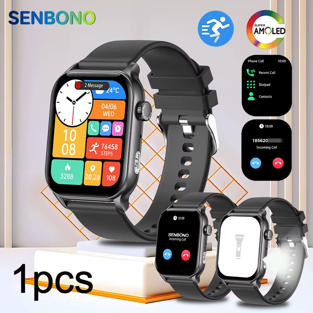 AMOLED Smart Watch with Bluetooth Calling, LED Flashlight, 100+ Sports Modes, Customizable Dial, and Camera Control for Men and Women