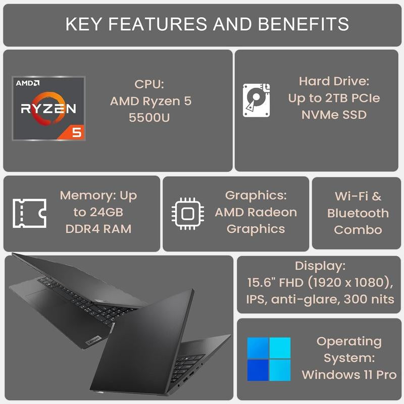 Lenovo V15 Gen 4 Business Laptop - Powerful AMD Ryzen 5, 15.6" FHD Display, 1TB SSD, Windows 11 Pro, and 1 Year Accidental Damage Protection