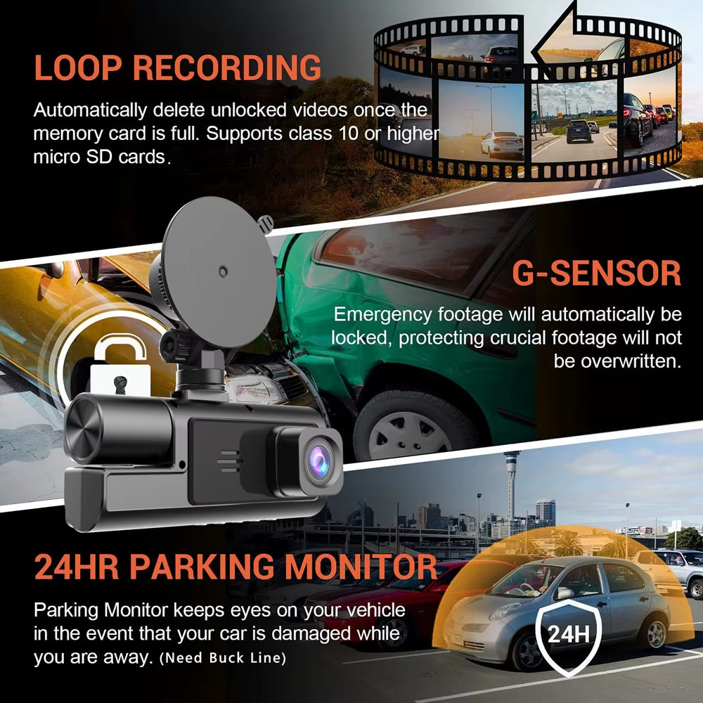 Triple Camera Car DVR with WiFi, 1920P Video Recording, In-Vehicle Dash Cam, Mini Camcorder