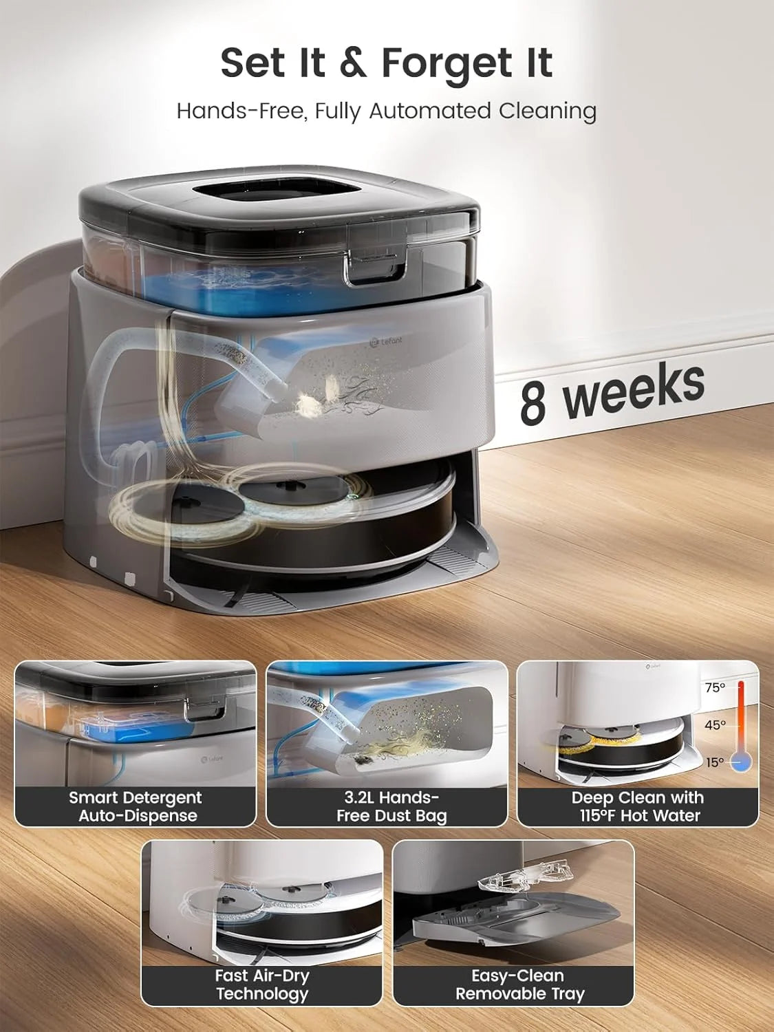 M3 Max Robot Vacuum and Mop, 20,000Pa Suction, Anti-Tangle Brushes, Dual Spinning Mop, 113°F Hot Water Auto Mop Washing & Cool Air Drying, Self-Emptying & Refilling