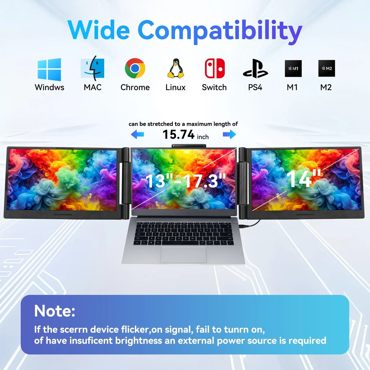14-Inch Triple Dual FHD 1080P IPS Portable Monitor for 13.3-17.3 Inch Laptops - Compatible with Windows, MacBook, Chrome, and Android