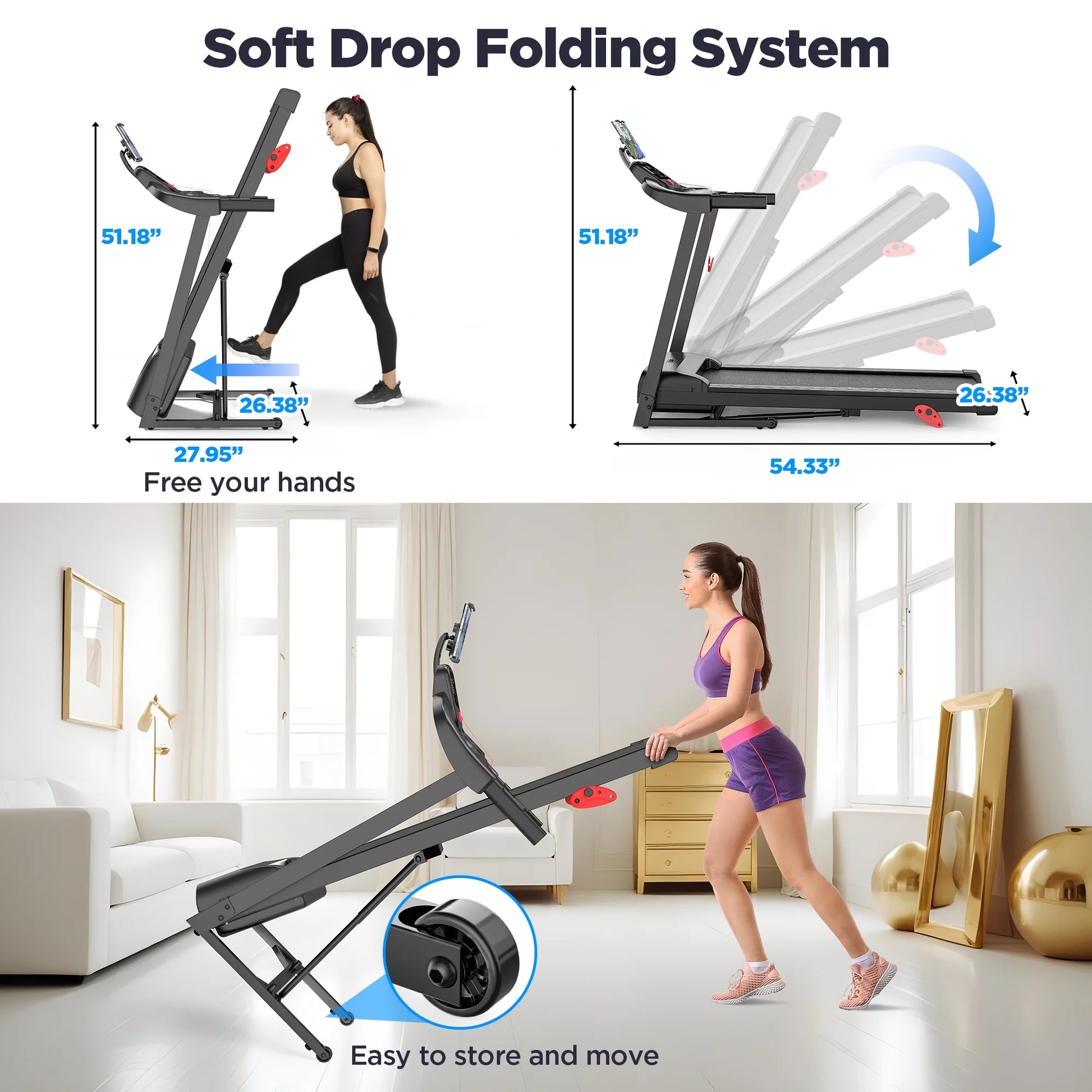 Folding Treadmill with Incline – 300 Lbs Capacity, Compact Electric Running Machine for Home, 3.25HP Quiet Motor, 0.6-7.5 MPH, APP Control, Adjustable Ipad Holder