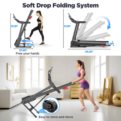 Folding Treadmill with Incline – 300 Lbs Capacity, Compact Electric Running Machine for Home, 3.25HP Quiet Motor, 0.6-7.5 MPH, APP Control, Adjustable Ipad Holder