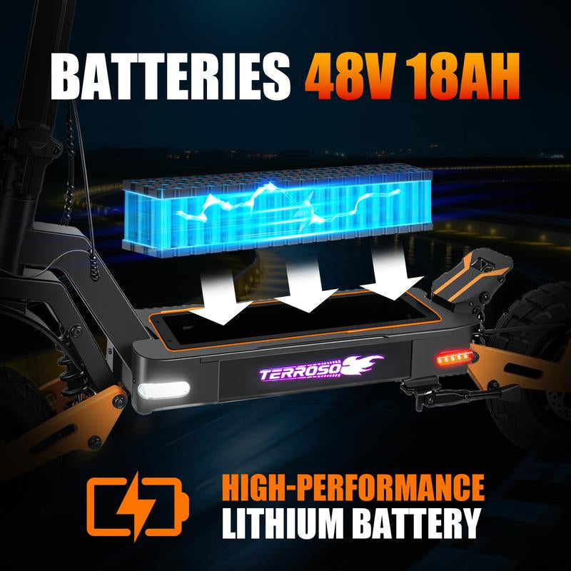 11-Inch Adult Electric Scooter, 1200W Brushless Motor, 48V 18AH, Vacuum Tires, Front and Rear Disc Brakes + Shock Absorbers, Foldable, with Cool LED Ambient Light and Display