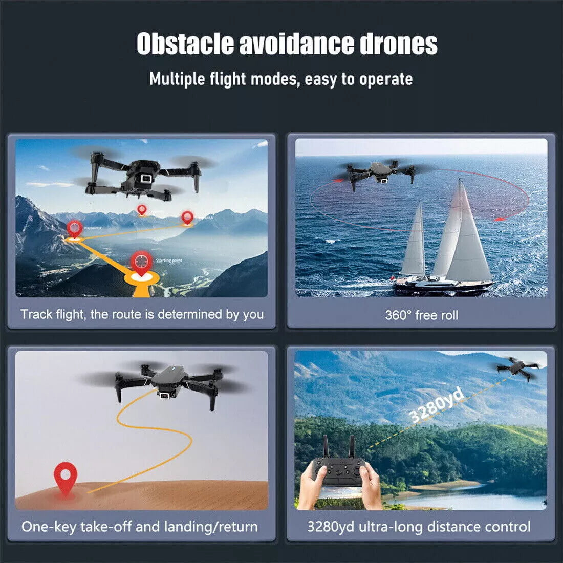 4K HD Dual Camera Foldable RC Drone with WiFi FPV and Four Batteries - Black