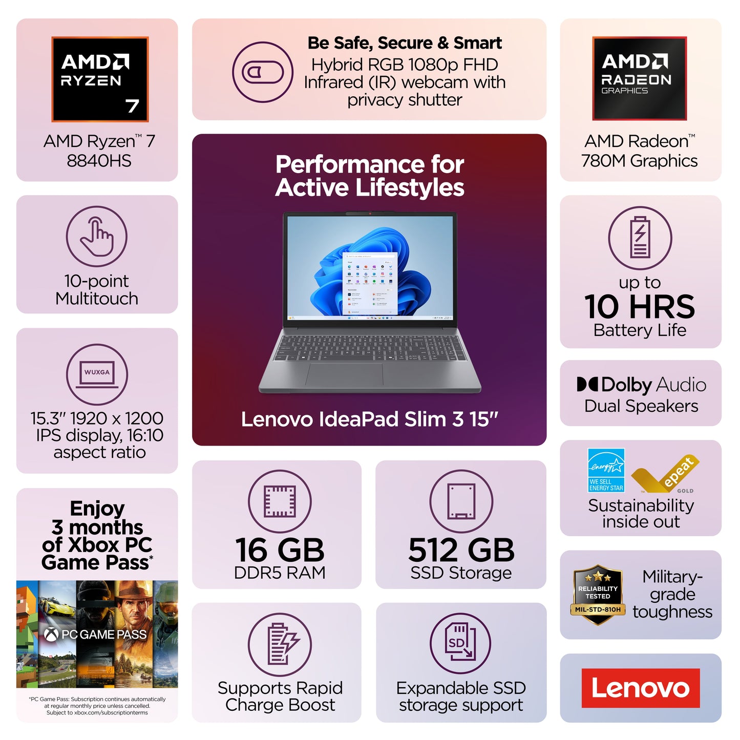 Ideapad Slim 3 15.3" Touchscreen Laptop, Ryzen 7 8840HS, 16GB RAM, 512 SSD, Luna Grey