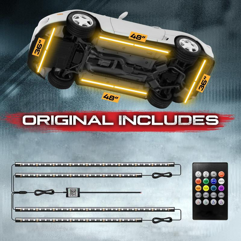 DIBMS 4 PCS Universal Underglow LED Lights Kit for Car with APP & Remote Control, RGB Multicolor Modes, Music Sync, Waterproof Light Bar, Exterior Neon Accent Underbody LED Lighting Kit Singing Lights Cars Underglow Neon Tubes