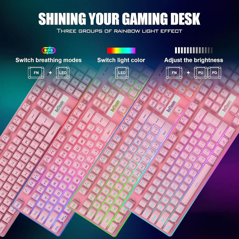 Redthunder K10 Wireless Gaming Keyboard and Mouse Combo, LED Backlit Rechargeable 3800Mah Battery, Mechanical Feel Anti-Ghosting Keyboard + 7D 3200DPI Mice for PC Gamer (Pink)