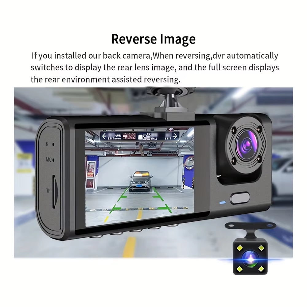 Dash Cam with Infrared Night Vision, Loop Recording, 2" IPS Screen, 1080P Triple Camera DVR Video Recorder