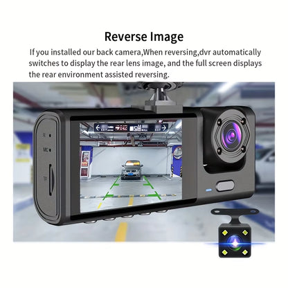 Dash Cam with Infrared Night Vision, Loop Recording, 2" IPS Screen, 1080P Triple Camera DVR Video Recorder