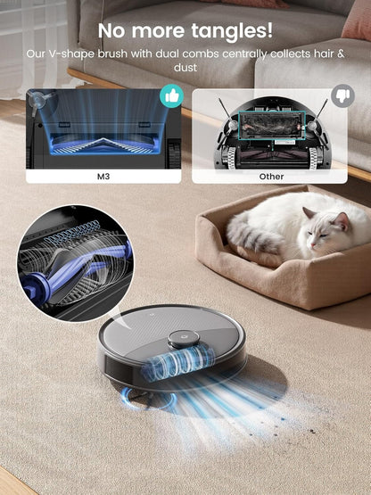 M3 Max Robot Vacuum and Mop, 20,000Pa Suction, Anti-Tangle Brushes, Dual Spinning Mop, 113°F Hot Water Auto Mop Washing & Cool Air Drying, Self-Emptying & Refilling