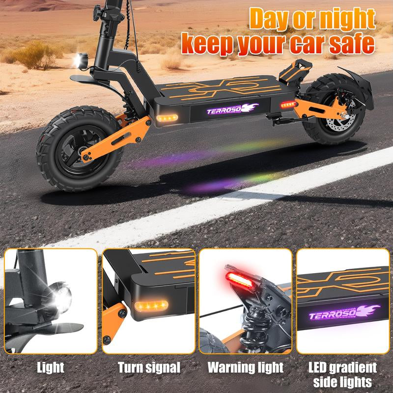 11-Inch Adult Electric Scooter, 1200W Brushless Motor, 48V 18AH, Vacuum Tires, Front and Rear Disc Brakes + Shock Absorbers, Foldable, with Cool LED Ambient Light and Display