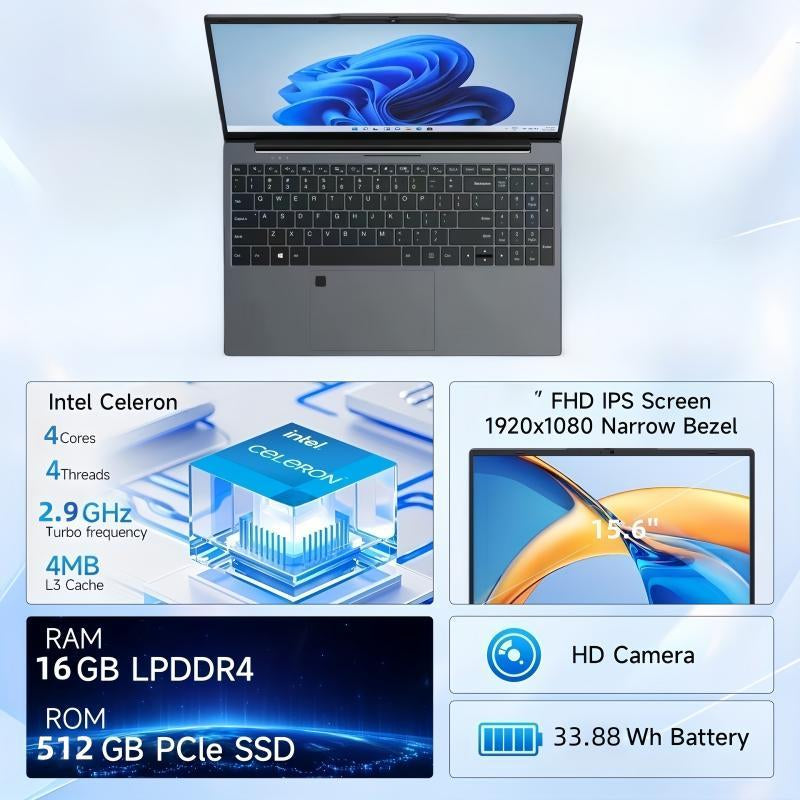 Ifacemall 15.6-Inch FHD Laptop | Intel N5095 Quad-Core Processor | 16GB DDR4 RAM | 512GB SSD | IPS FHD Display (1920X1080) | USB-C & HDMI Ports | Fingerprint Unlock | Portable Business Computer for Work, Student & Holiday Gifts(Silver，Rose Gold)