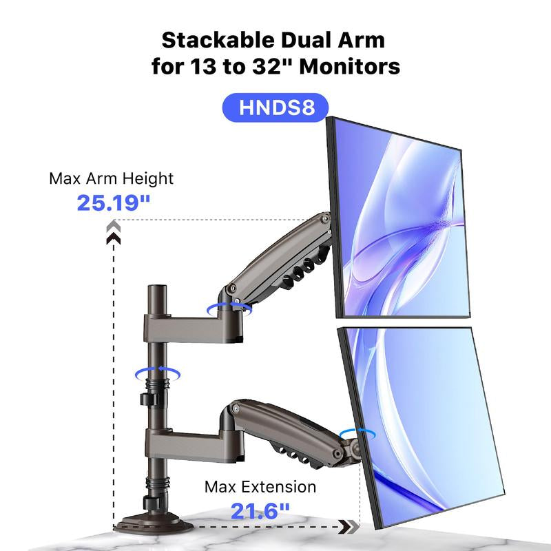 HUANUO Dual Monitor Arm for Gaming Setup - Stackable Gas Spring Desk Mount for 13-32" Screens | Ergonomic Streaming Station | VESA Mount C-Clamp & Grommet | Holds 19.8 lbs Per Arm