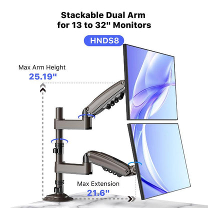 HUANUO Dual Monitor Arm for Gaming Setup - Stackable Gas Spring Desk Mount for 13-32" Screens | Ergonomic Streaming Station | VESA Mount C-Clamp & Grommet | Holds 19.8 lbs Per Arm