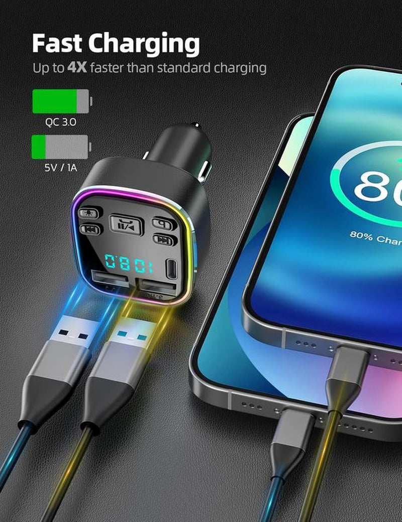 Bluetooth 5.3FM Transmitter Car Adapter, Wireless Radio MP3 Player Stereo Music Audio Receiver Hands-Free Calling, USB-C Car Charger, Supports TF Card and USB Disk (Black)