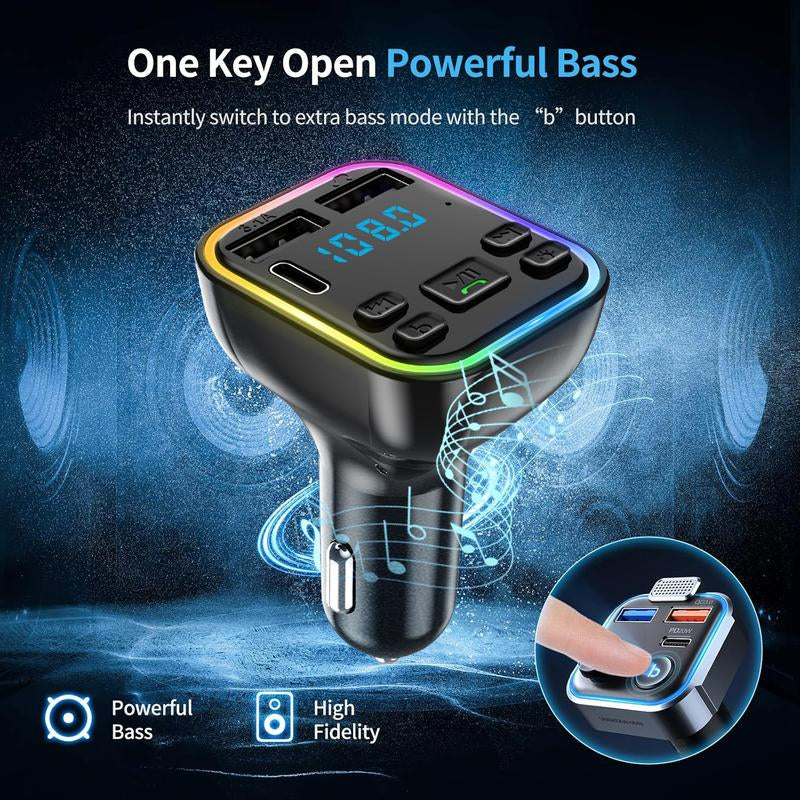 Bluetooth 5.3FM Transmitter Car Adapter, Wireless Radio MP3 Player Stereo Music Audio Receiver Hands-Free Calling, USB-C Car Charger, Supports TF Card and USB Disk (Black)