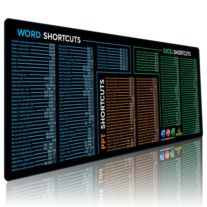 Word/Ppt/Excel Shortcuts Mouse Pad - Extended XL Office Keyboard Mat, Stitched Edges | Non-Slip Base Excel Cheat Sheet Desk Pad (31.5X11.8) Inch