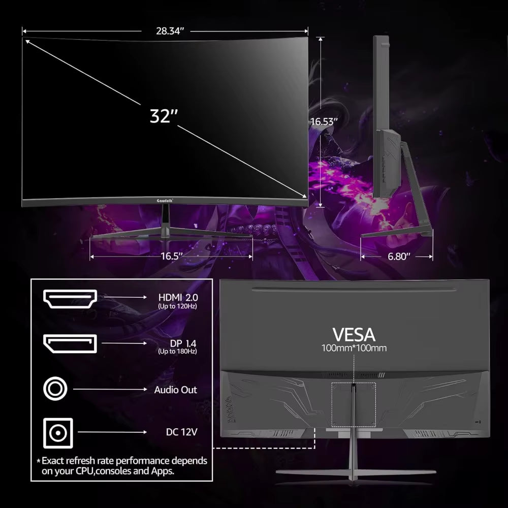 Professional 1800R Curved Gaming Monitor - 165Hz/180Hz VA Screen for Home, Office, and Dormitory Use