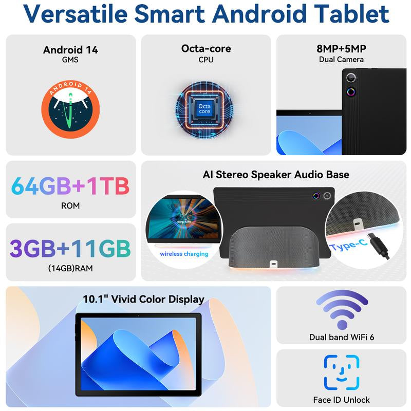 2025 Tablet, Android 14 OS, 10.1-Inch Display with Rechargeable Stereo Speaker Audio Dock, HD IPS Touchscreen, Octa-Core Processor, 14GB RAM + 64GB Storage (Expandable up to 1TB), Wi-Fi 6, Bluetooth 5.3, Dual Cameras, Google Tablet.