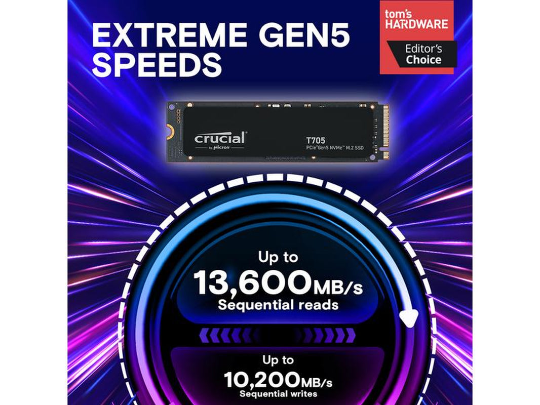 Crucial T705 1TB Pcie Gen5 Nvme M.2 SSD - up to 13,600 Mb/S - Game Ready - Internal Solid State Drive (PC) - +1Mo Adobe CC - CT1000T705SSD3