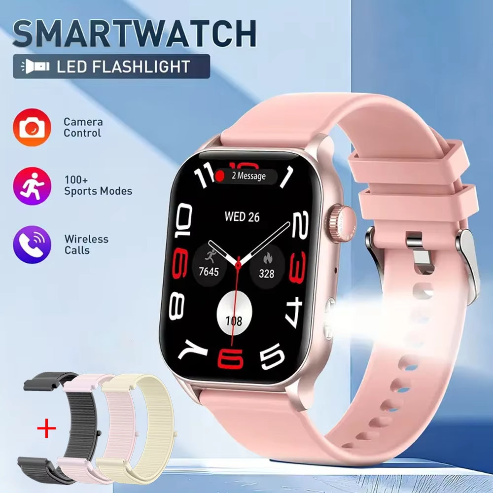 AMOLED Smart Watch with Bluetooth Calling, LED Flashlight, 100+ Sports Modes, Customizable Dial, and Camera Control for Men and Women