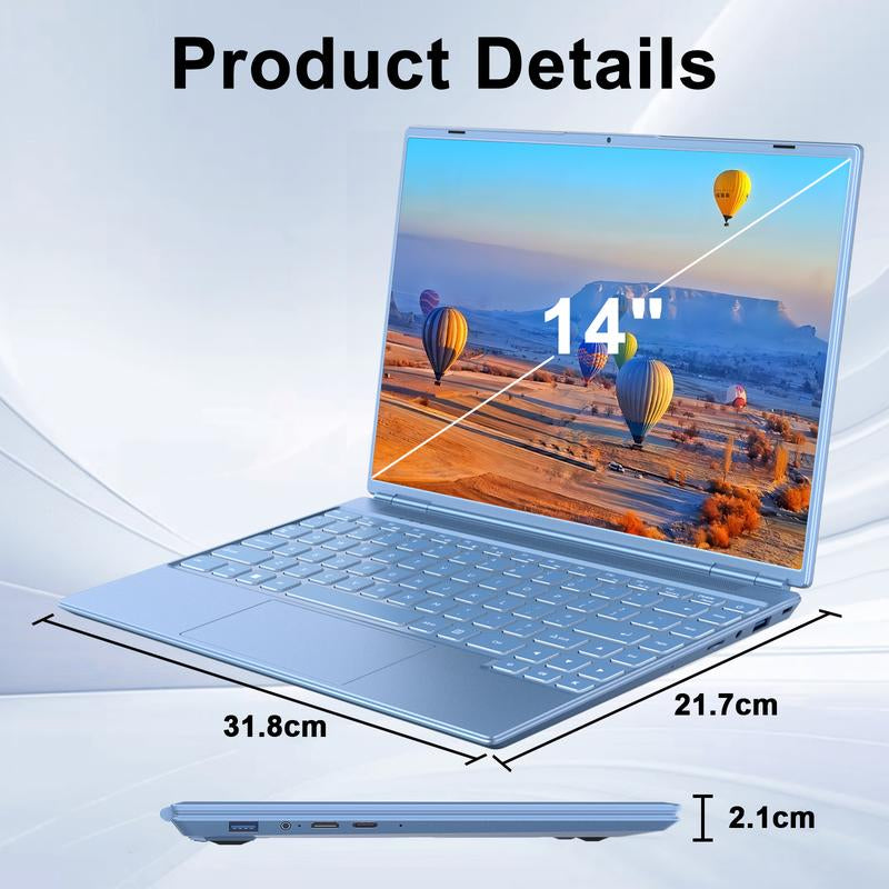 NOTODD 14 Inch Student and Business Laptop, Intel Quad-Core Processor, 8GB RAM+256GB SSD+1TB Expand, 1920X1200, 5G Wifi & Webcam, Windows11, Bundle with Silent Mouse, Blue/Pink Laptop, Lightweight, Back to School Gifts