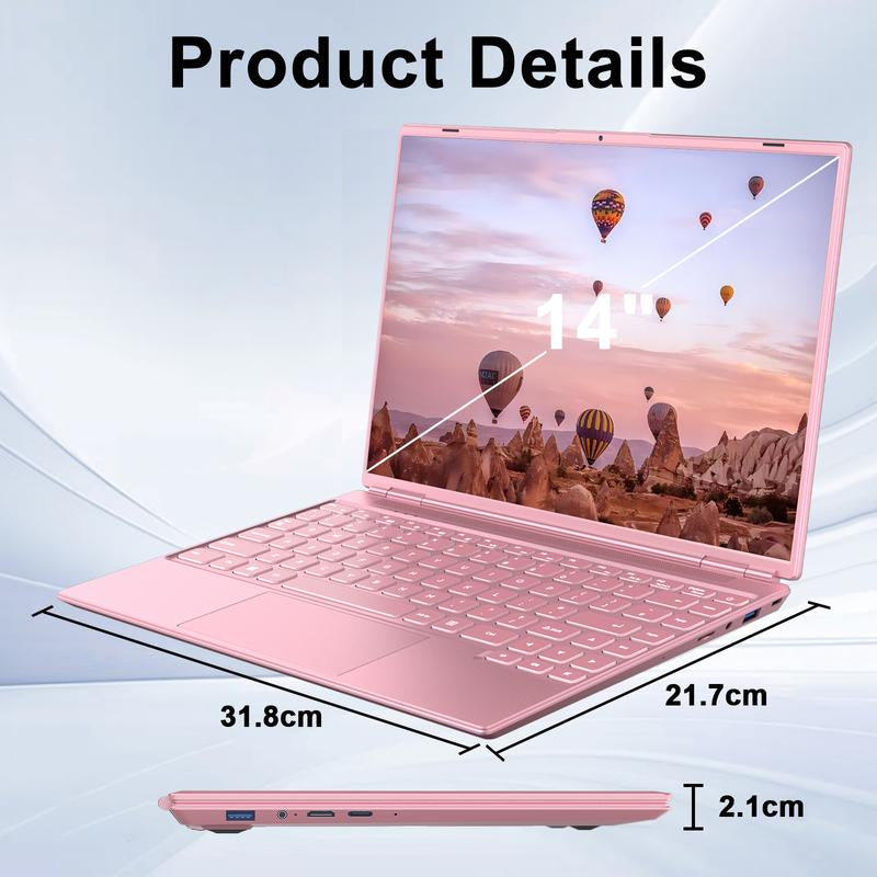 NOTODD 14 Inch Student and Business Laptop, Intel Quad-Core Processor, 8GB RAM+256GB SSD+1TB Expand, 1920X1200, 5G Wifi & Webcam, Windows11, Bundle with Silent Mouse, Blue/Pink Laptop, Lightweight, Back to School Gifts
