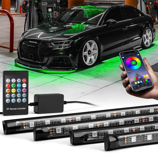 DIBMS 4 PCS Universal Underglow LED Lights Kit for Car with APP & Remote Control, RGB Multicolor Modes, Music Sync, Waterproof Light Bar, Exterior Neon Accent Underbody LED Lighting Kit Singing Lights Cars Underglow Neon Tubes